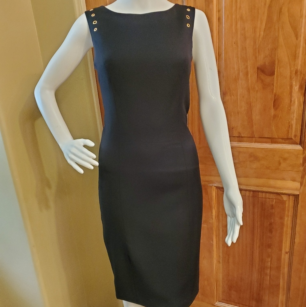 Escada little black sleeveless dress w gold detail